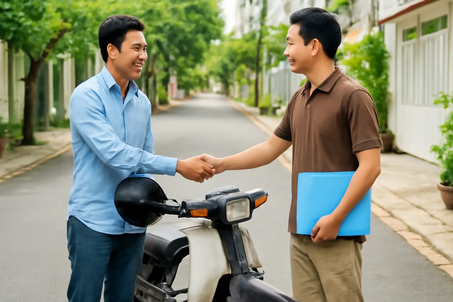 Hai người đàn ông trao nhau chìa khoá xe máy cũ bên lề đường khu dân cư
