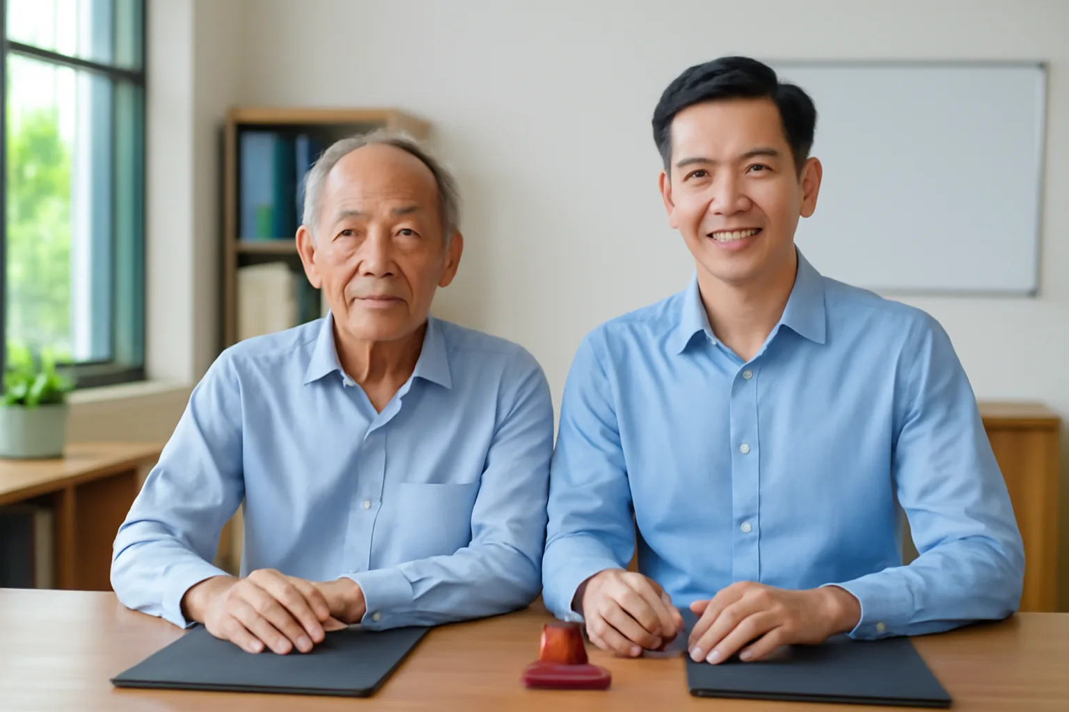 Người cha lớn tuổi và con trai ngồi cùng nhau xem hồ sơ công ty gia đình trong phòng làm việc