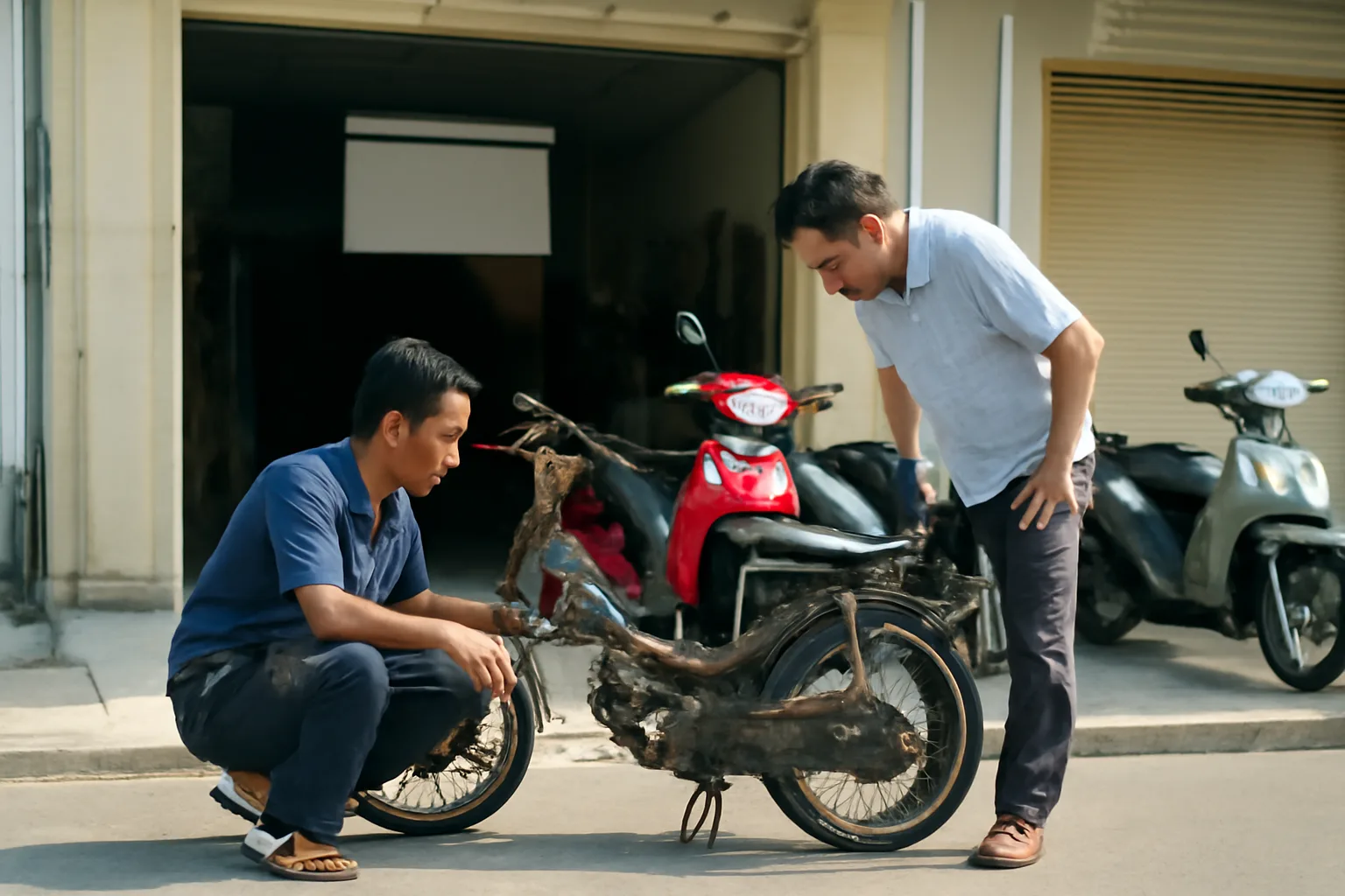 Nhân viên cửa hàng kiểm tra chiếc xe máy cũ khách mang đến đổi trước cửa hàng xe