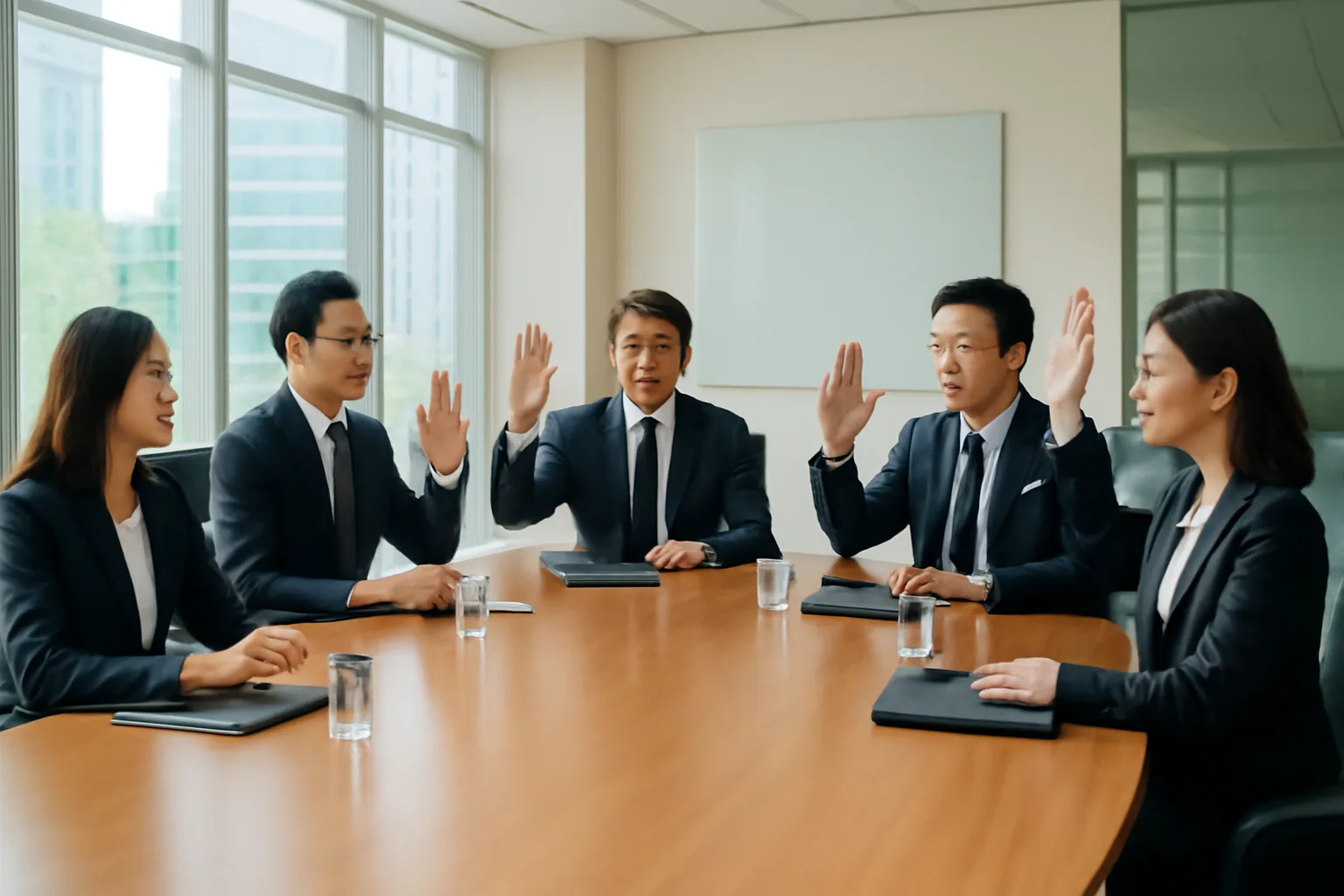 Nhóm người ngồi quanh bàn họp dài trong phòng họp có cửa kính, đang biểu quyết
