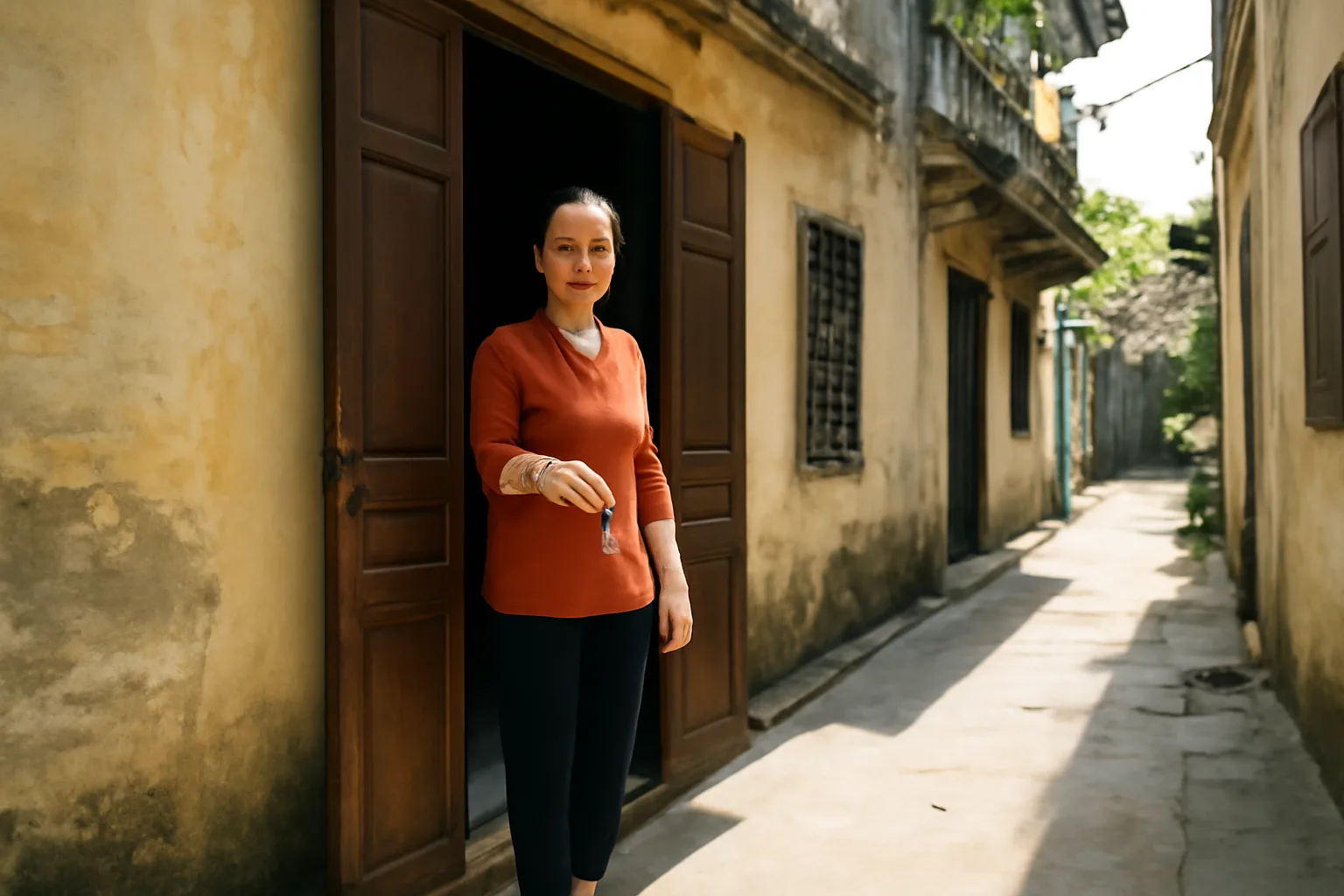 Người phụ nữ trung niên đứng trước cửa căn nhà cũ ở ngõ nhỏ, tay cầm chùm chìa khoá