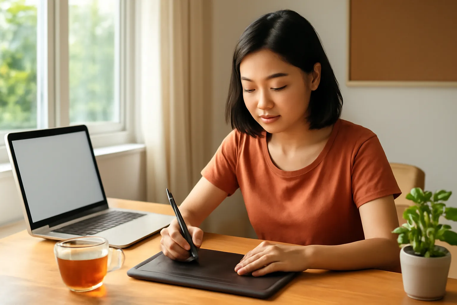 Cô gái trẻ làm việc tự do ngồi ở bàn gỗ gần cửa sổ với máy tính xách tay và tách trà