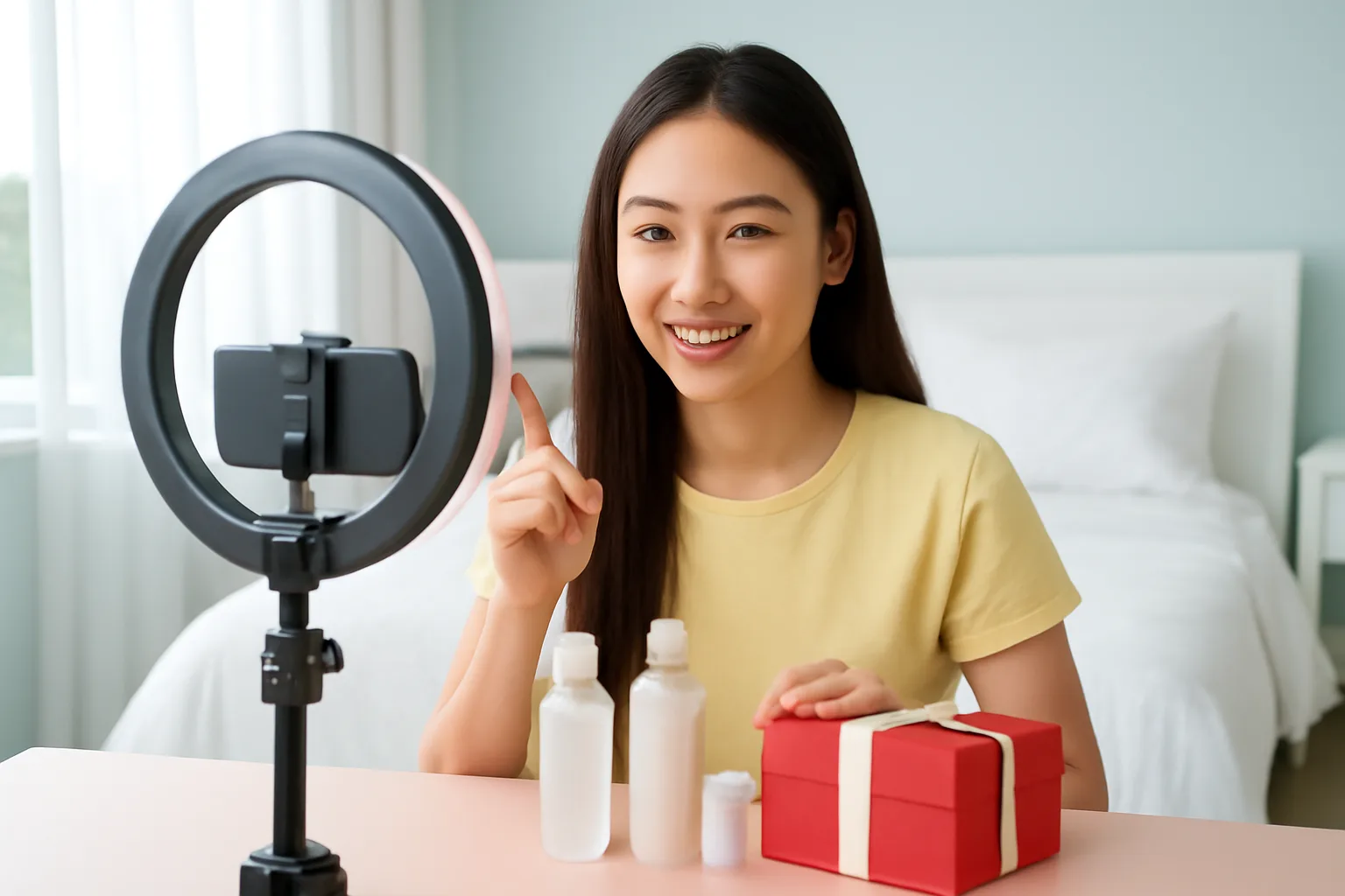 Cô gái trẻ quay video giới thiệu sản phẩm mỹ phẩm bằng điện thoại gắn trên giá đỡ