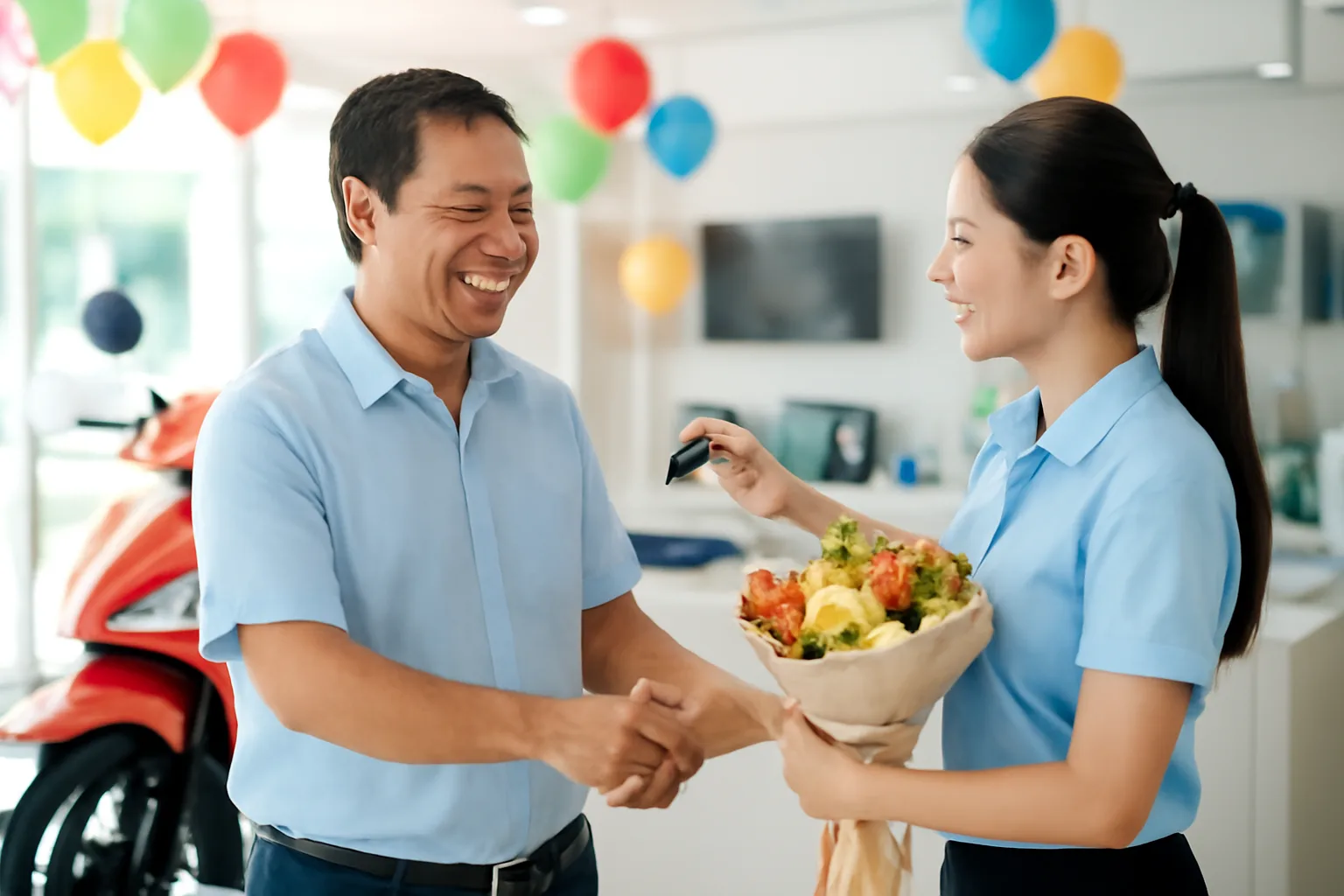 Người đàn ông trung niên cầm chìa khoá xe máy mới nhận thưởng tại quầy của cửa hàng điện máy