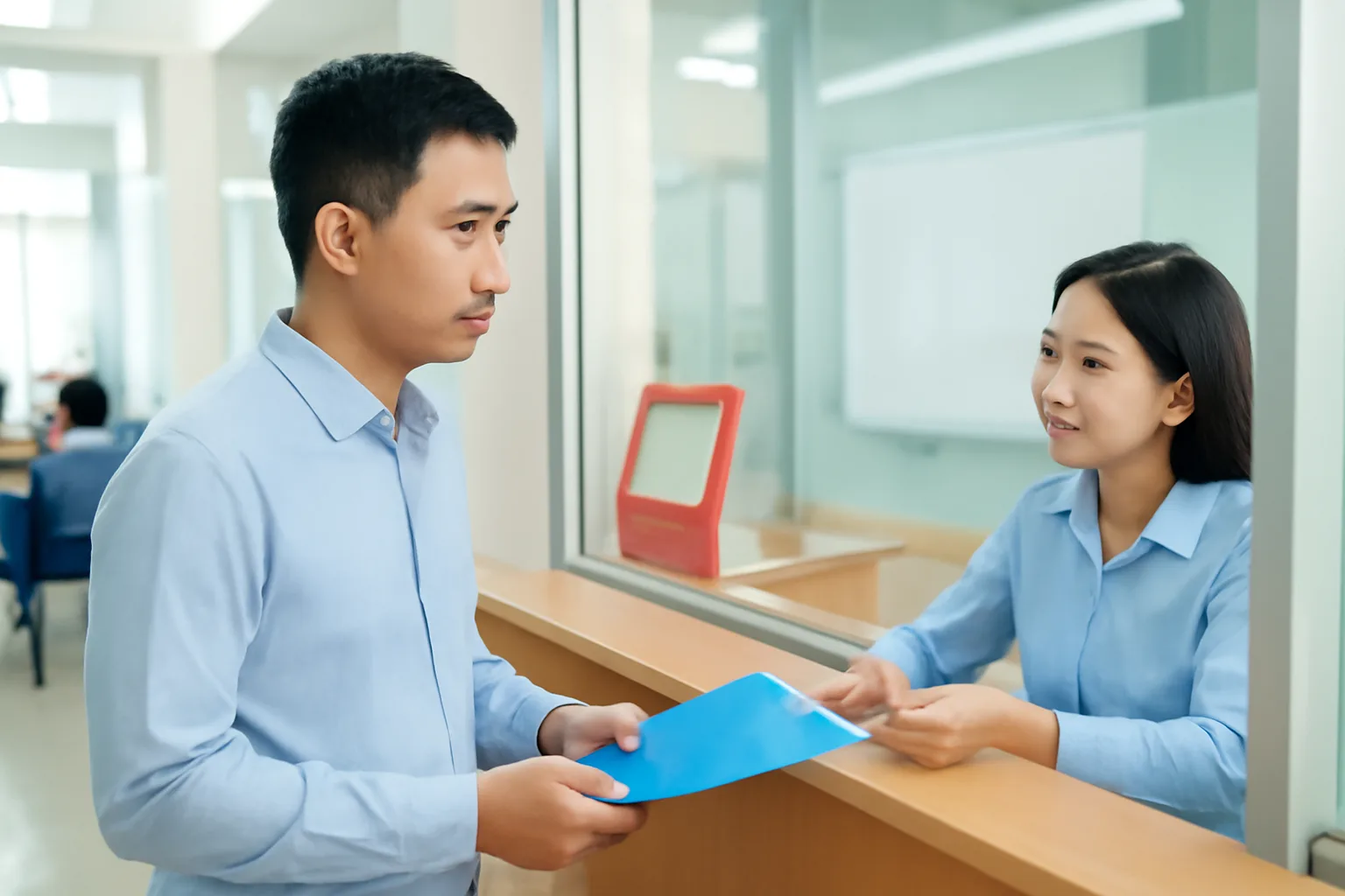 Người mua nhà ngồi ở quầy một cửa nộp hồ sơ sang tên, xấp giấy tờ trên tay