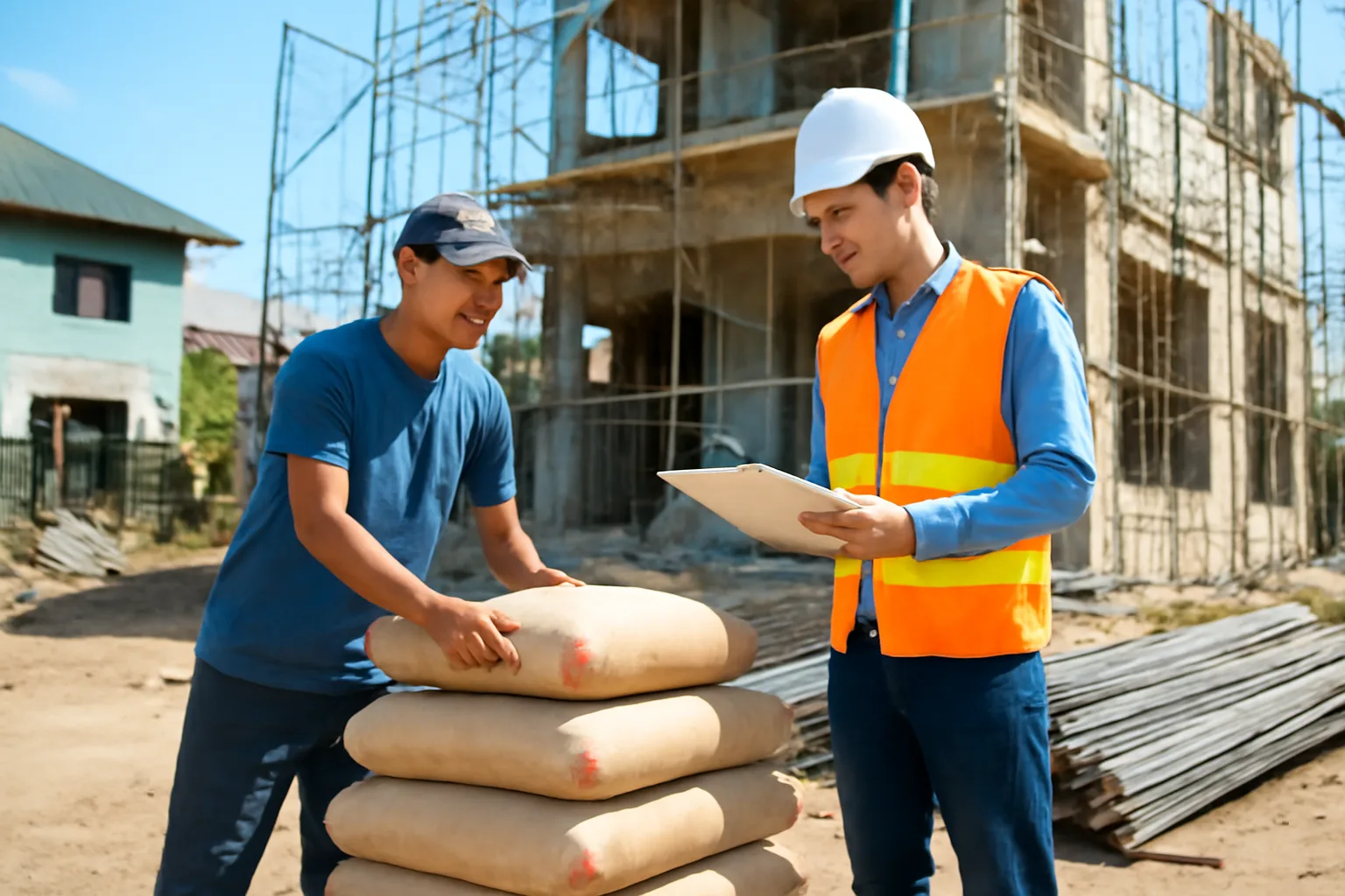 Chủ nhà và người cai thầu kiểm đếm bao xi măng, thép tại công trình đang xây