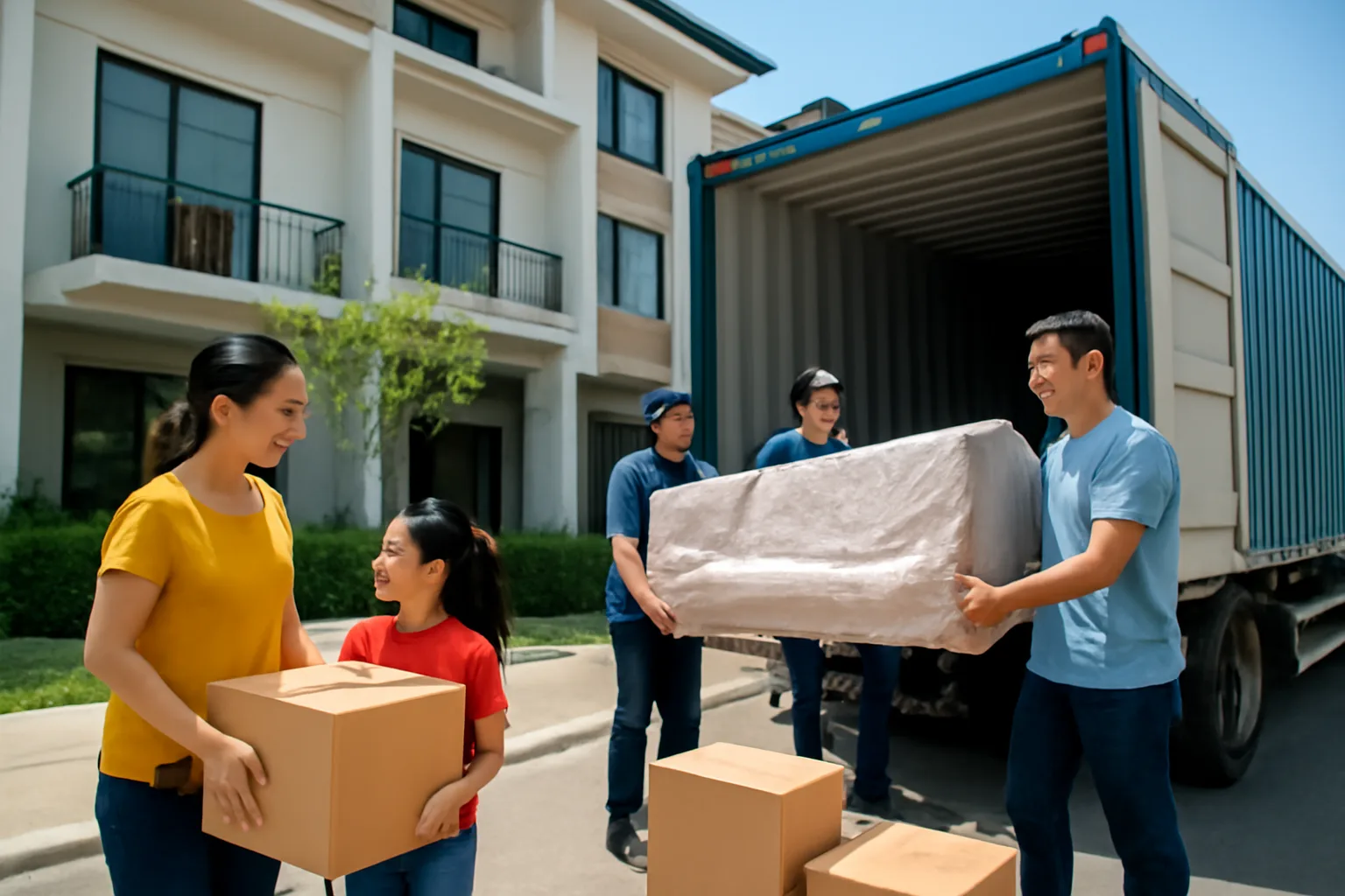 Gia đình đứng cạnh các thùng đồ và đồ nội thất được bọc kín trước căn nhà mới