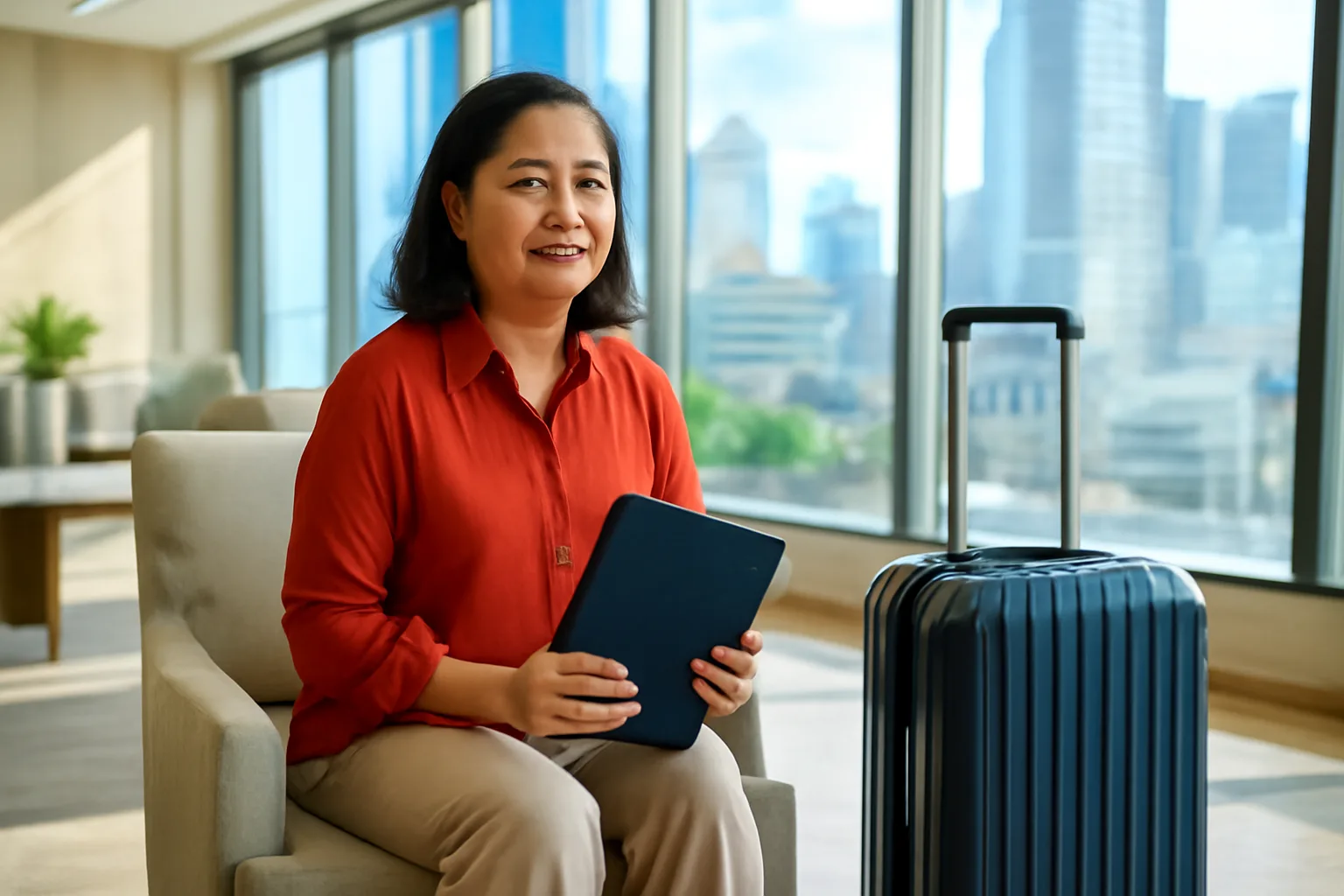 Người phụ nữ Việt kiều trung niên ngồi bên vali ở sảnh chờ, xem xấp hồ sơ đóng