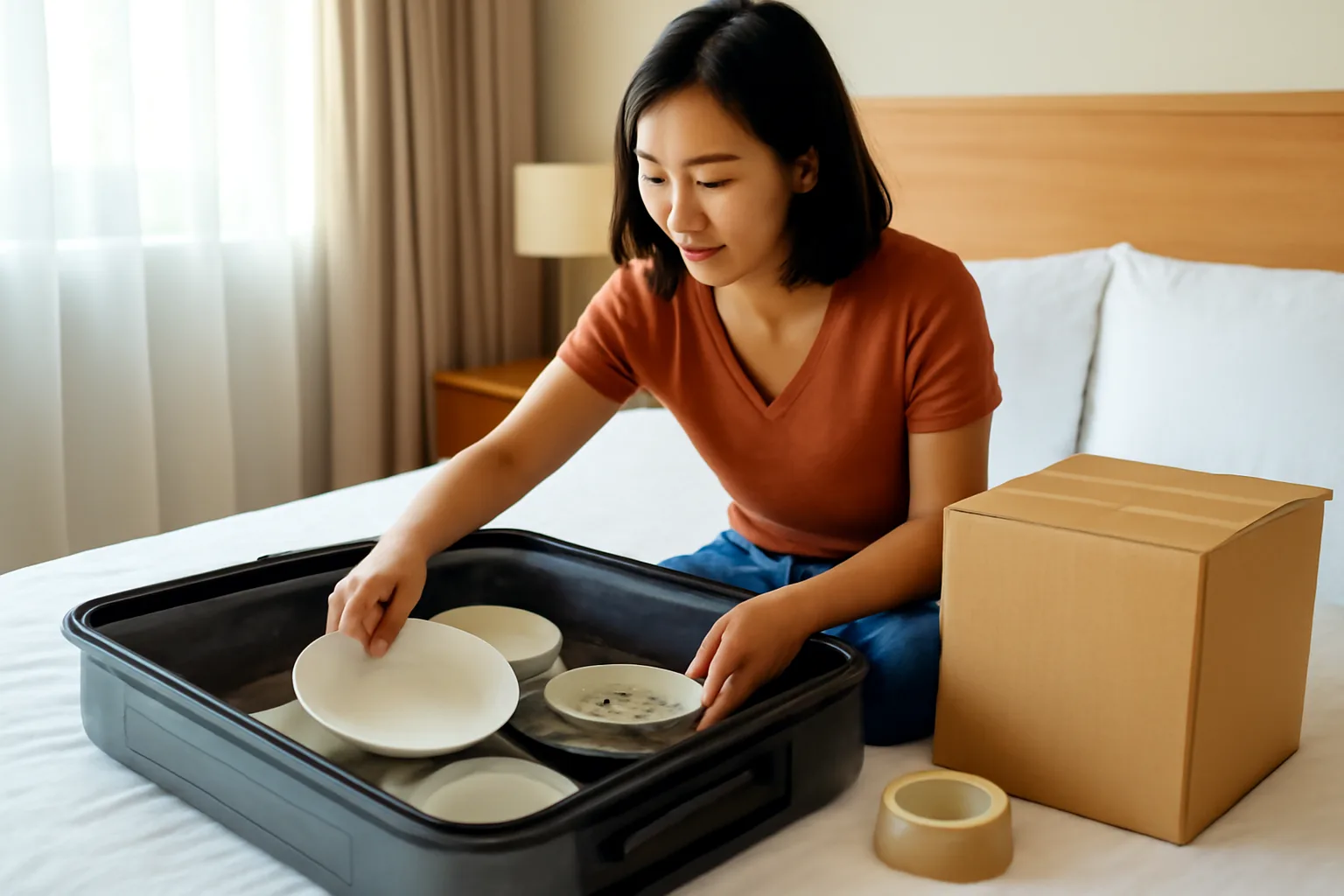 Người phụ nữ xếp đồ vào vali mở trên giường khách sạn, cạnh một thùng các-tông đóng sẵn