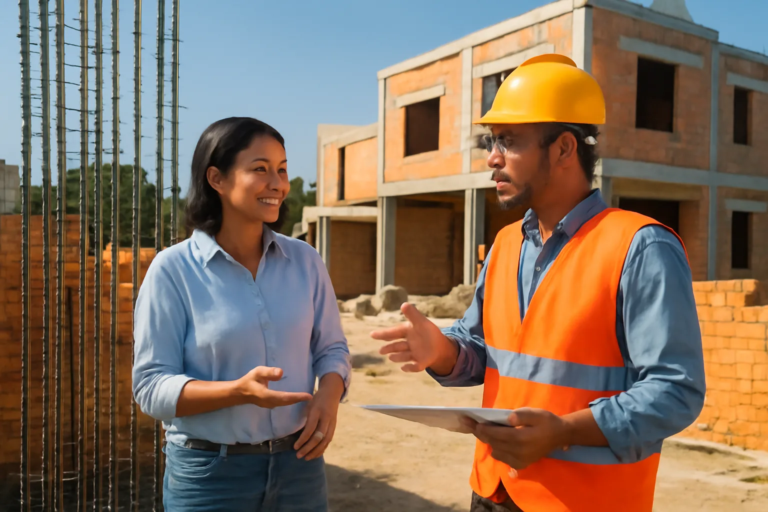 Chủ nhà đứng trao đổi với cai thợ tại công trình nhà phố đang xây phần thô