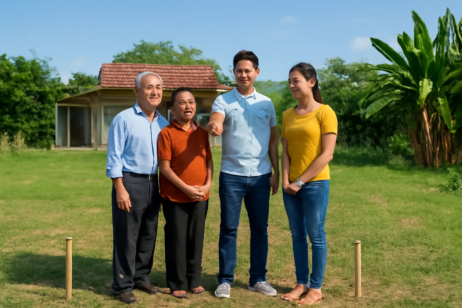 Cha mẹ lớn tuổi và vợ chồng con trai đứng trên khoảng đất trống sau nhà, chỉ tay bàn chỗ xây