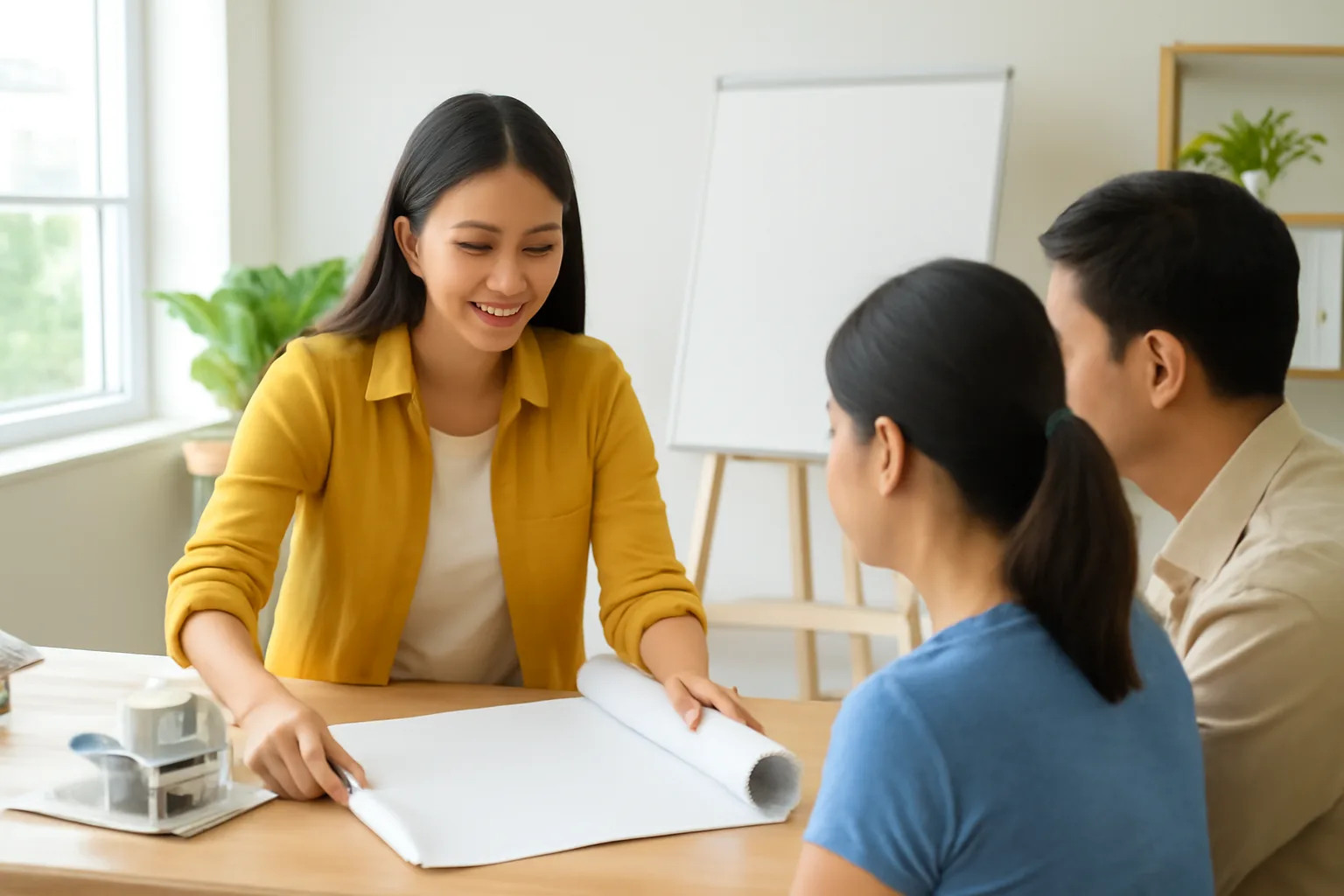 Kiến trúc sư trẻ trải bản vẽ trắng trên bàn gỗ cho vợ chồng chủ nhà xem trong văn phòng thiết kế